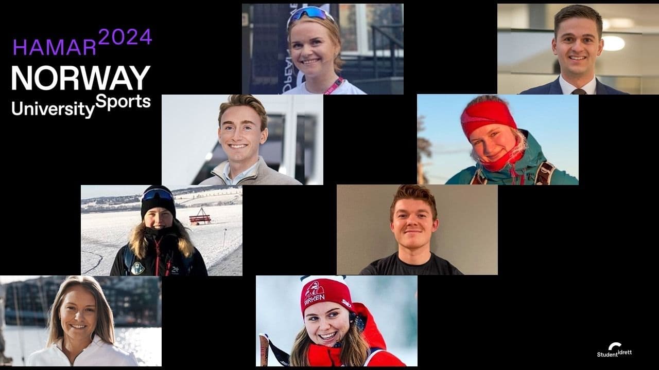 Collage av portretter av det norske laget til Hamar 2024, med teksten «Norway University Sports».