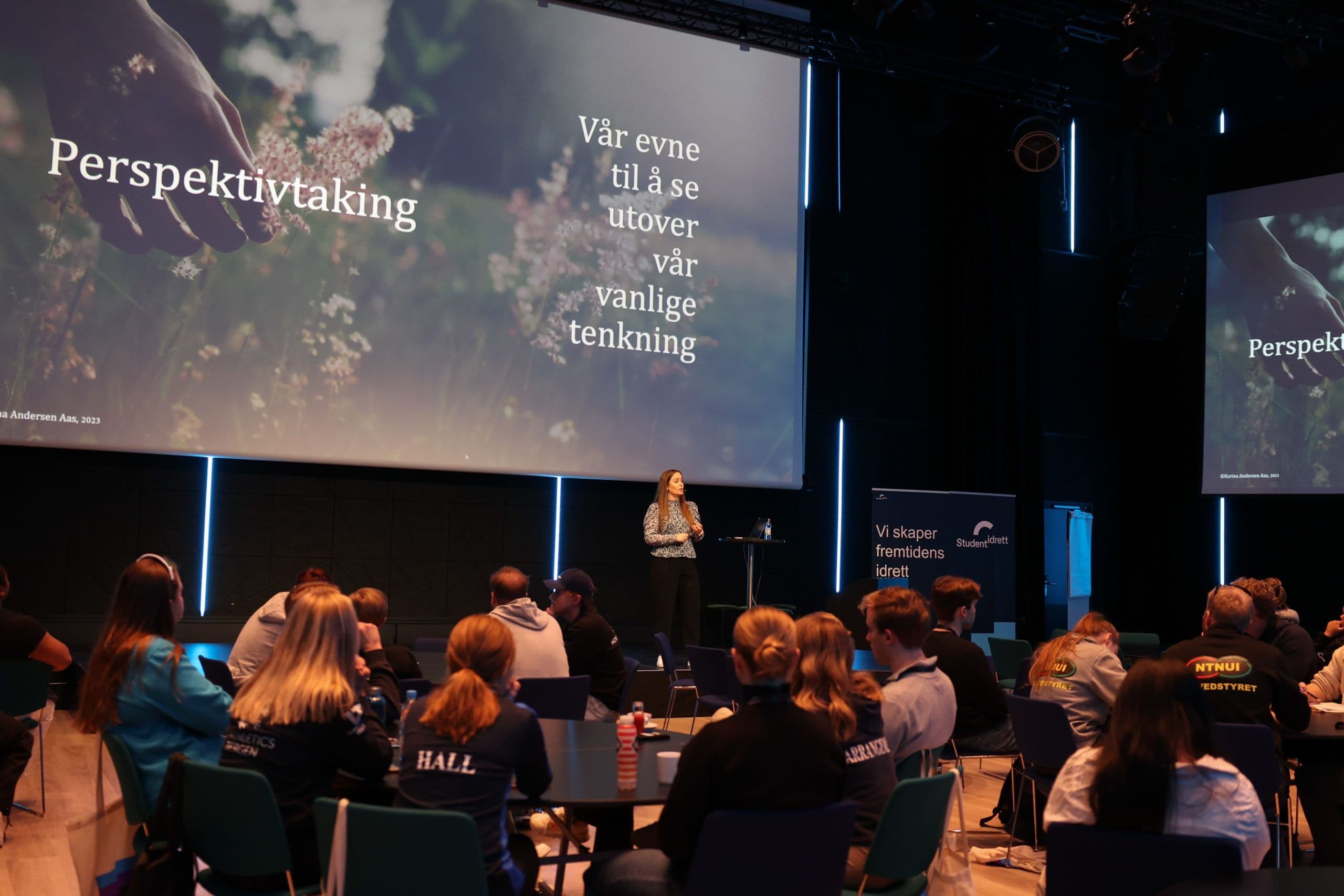 En foredragsholder presenterer lysbildet «Perspektivtaking» på en scene foran et publikum.