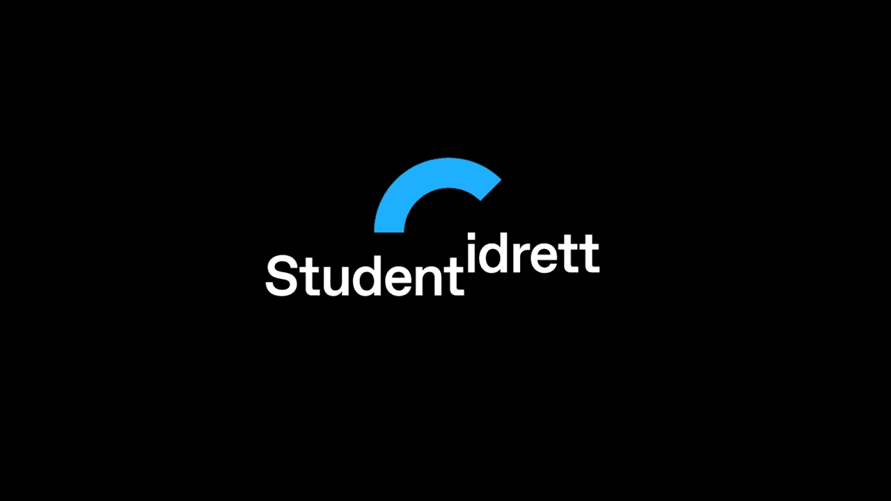 Logo for Studentidrett med hvit tekst og en blå bue på svart bakgrunn.