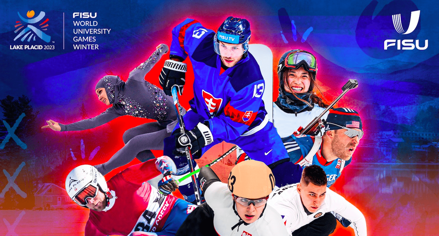 Plakat for FISU World University Games Winter, Lake Placid 2023, med collage av vinteridrettsutøvere.