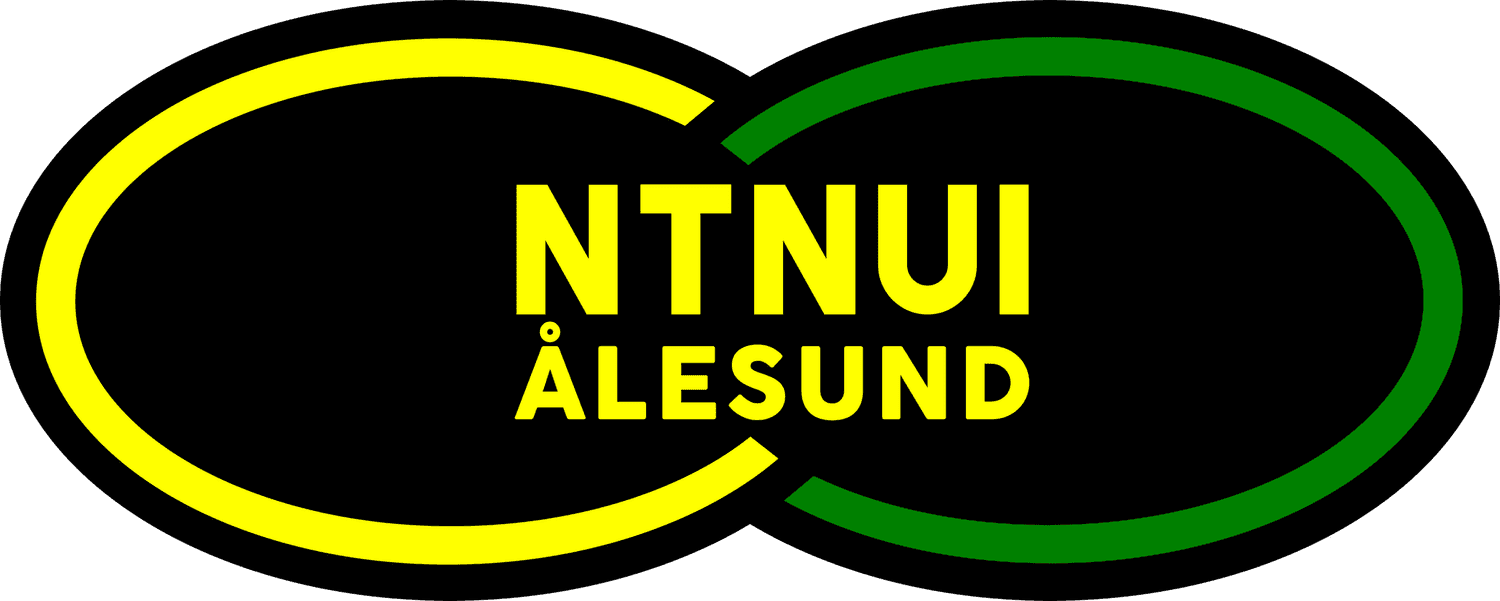 Logo for NTNUI Ålesund med teksten i gult mot et svart uendelighetssymbol i gult og grønt.