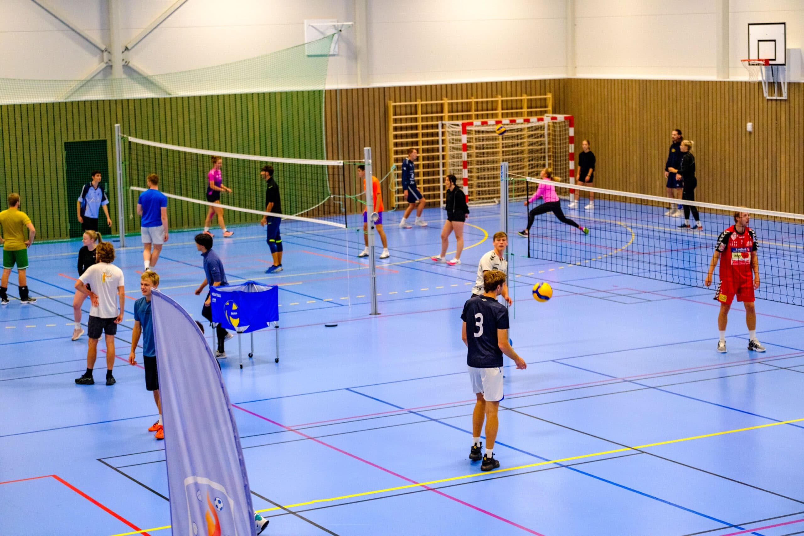 Studenter spiller ballspill over oppspente nett i en idrettshall.