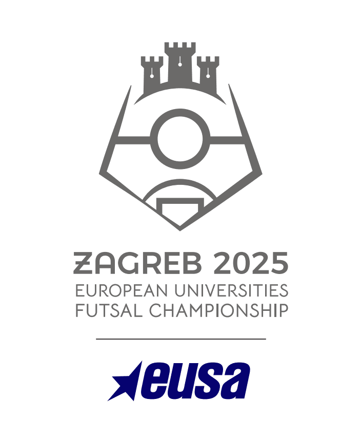 Logo for Zagreb 2025 European Universities Futsal Championship med EUSA-logo under.
