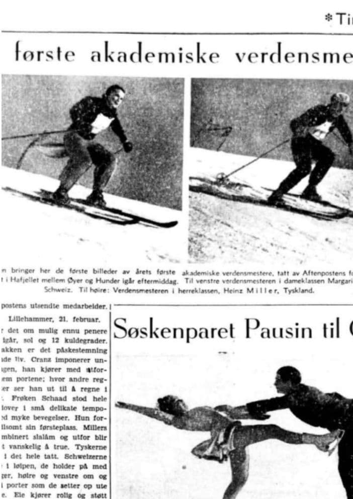 Gammelt avisutklipp med overskriften «første akademiske verdensme…» og bilder av alpinister og et kunstløppar på isen.