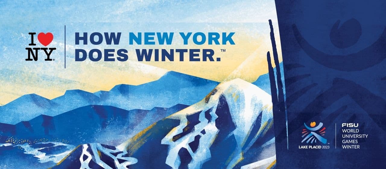 Grafikk med teksten «How New York does winter» og I love NY-logo samt FISU World University Games Lake Placid 2023.