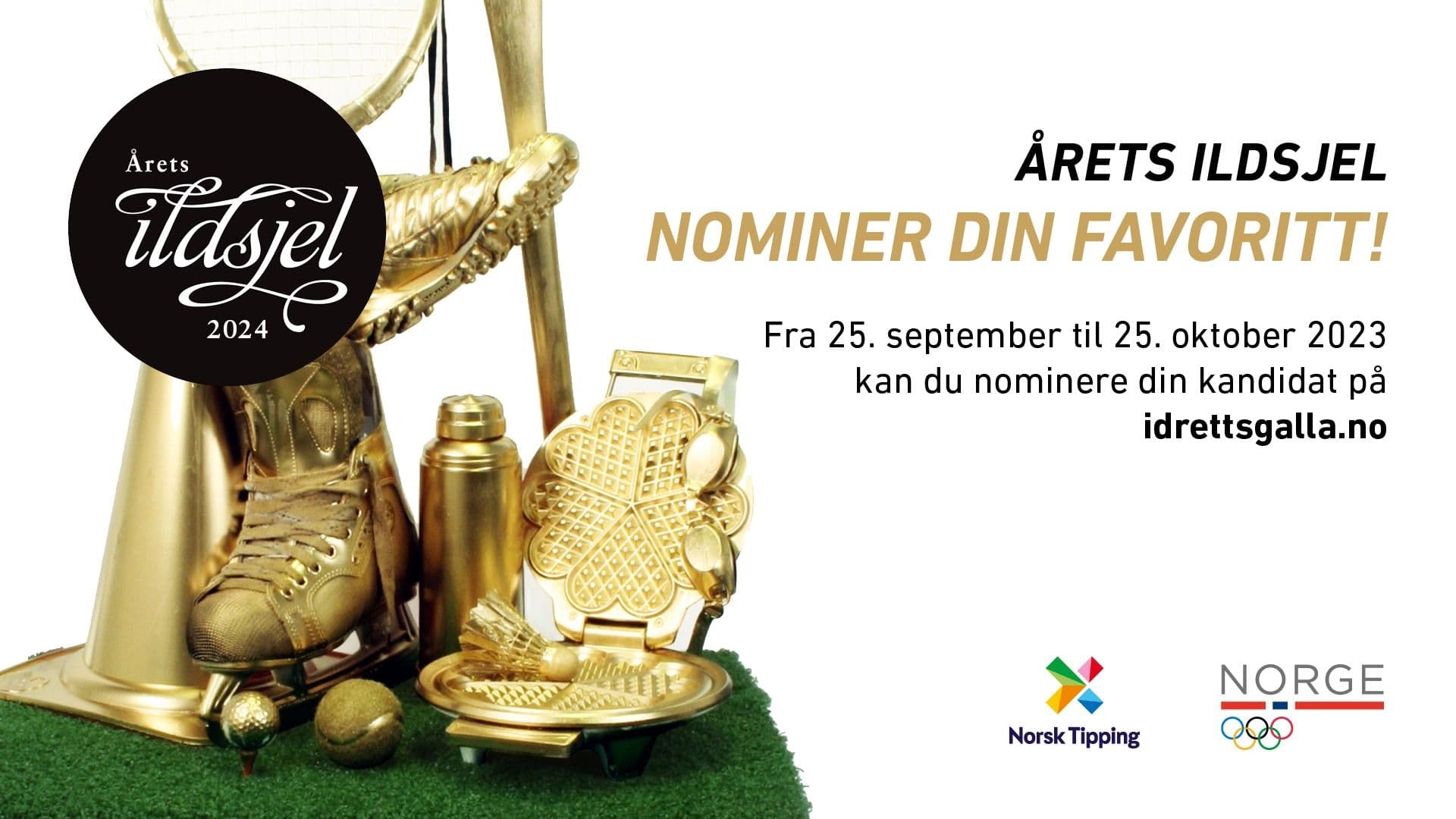 Plakat for Årets Ildsjel 2024 med teksten Nominer din favoritt og logoene til Norsk Tipping og Norges idrettsforbund.