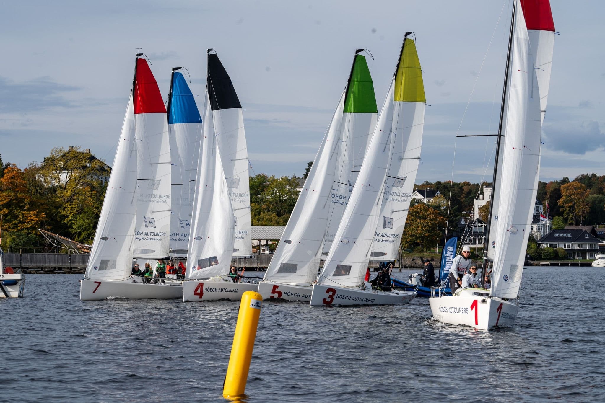 Fem seilbåter med nummererte seil i en matchrace-regatta på et vann nær land.