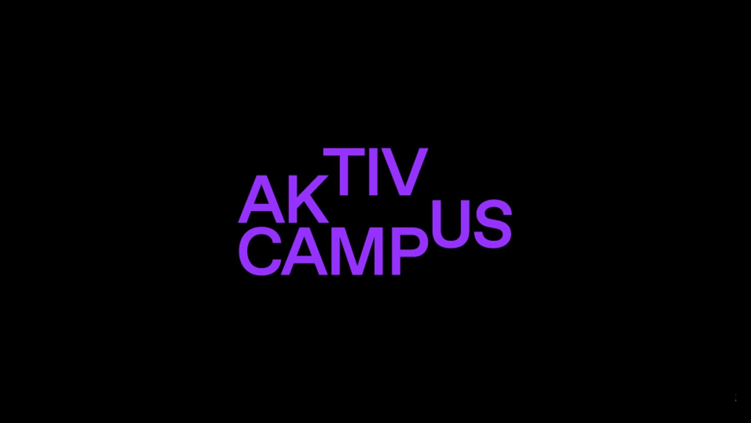 Logo med lilla tekst "Aktiv Campus" på svart bakgrunn.