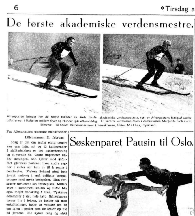 Gammelt avisutklipp med overskriften "De første akademiske verdensmestre" og bilder fra alpint og kunstløp.