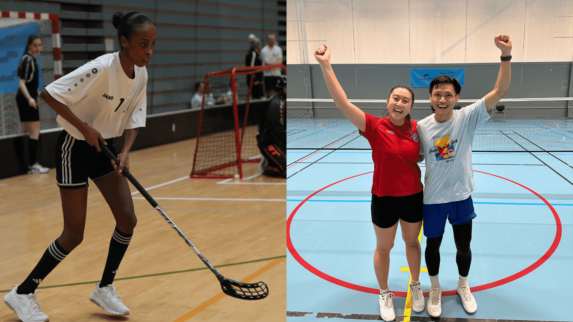 Todelt bilde: til venstre en innebandyspiller med kølle, til høyre to jublende badmintonspillere i en hall.