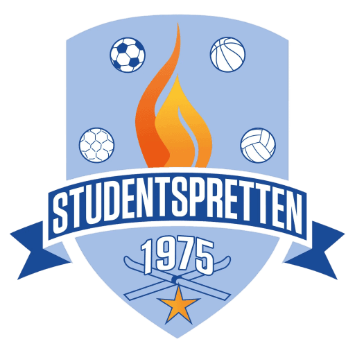 Logo for Studentspretten med en fakkel, baller, ski og teksten «STUDENTSPRETTEN 1975».