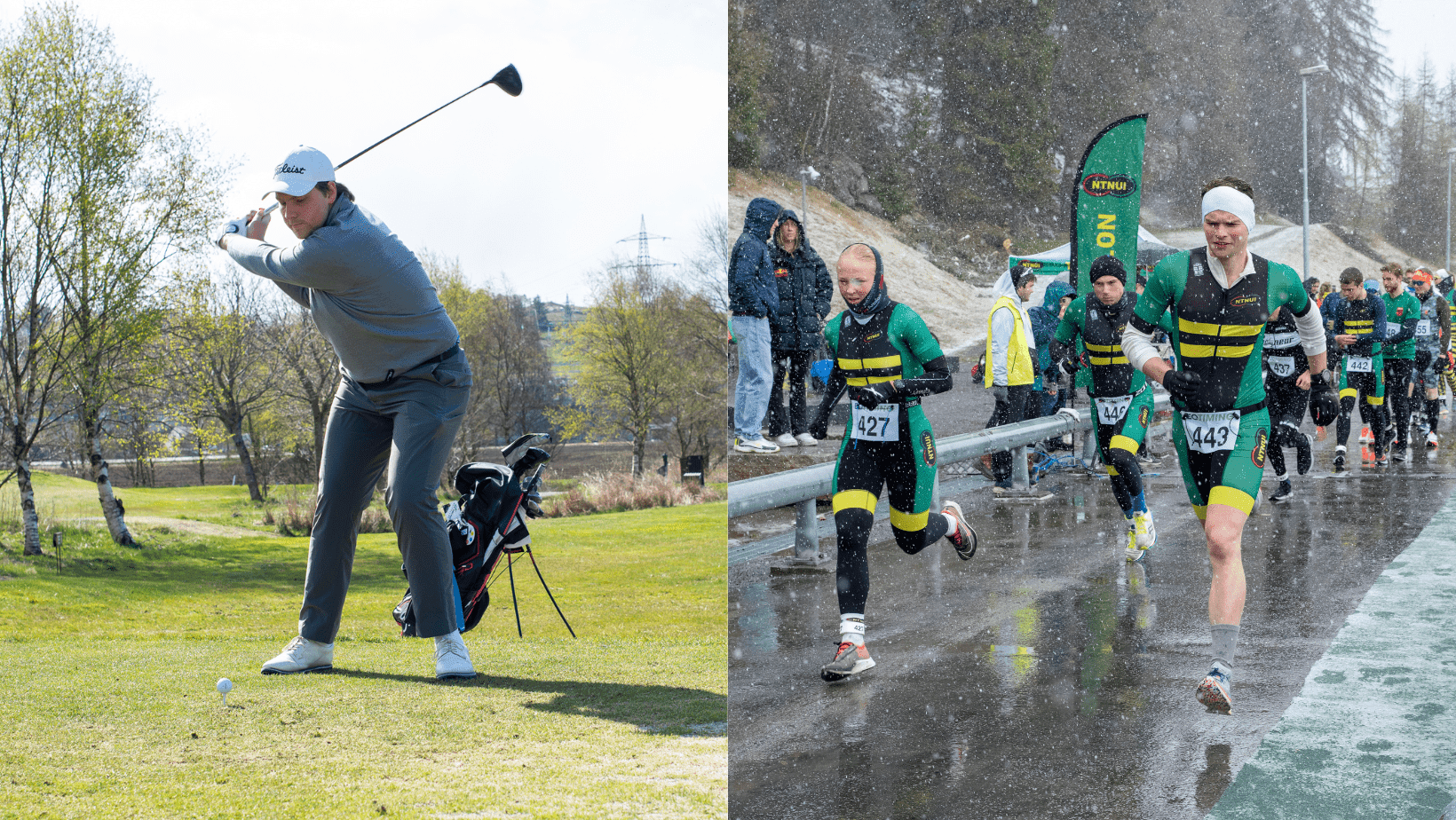 Todelt bilde av en golfspiller som slår ut, og løpere i grønne drakter under et terrengløp i regnvær.