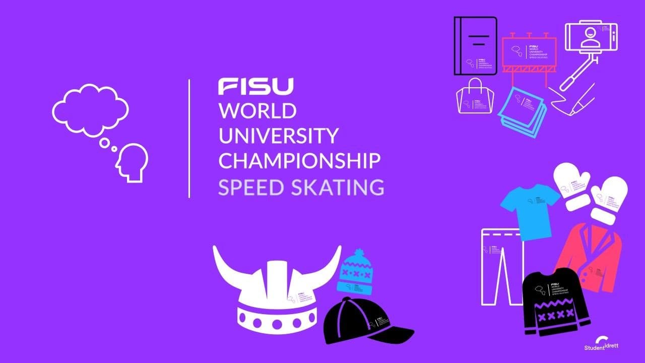 Grafikk med teksten FISU World University Championship Speed Skating på lilla bakgrunn med illustrasjoner av klær og vikinghjelm.