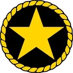 Logo med en gul stjerne i en svart sirkel omkranset av et tau.
