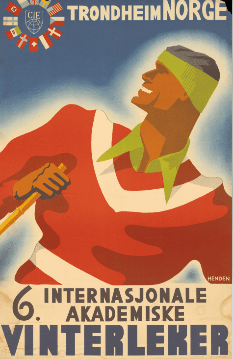 Historisk plakat med illustrert skiløper og teksten "6. Internasjonale Akademiske Vinterleker, Trondheim Norge".