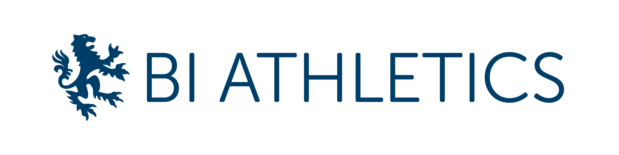 Logo med løvefigur og teksten "BI Athletics" i mørk blå skrift.