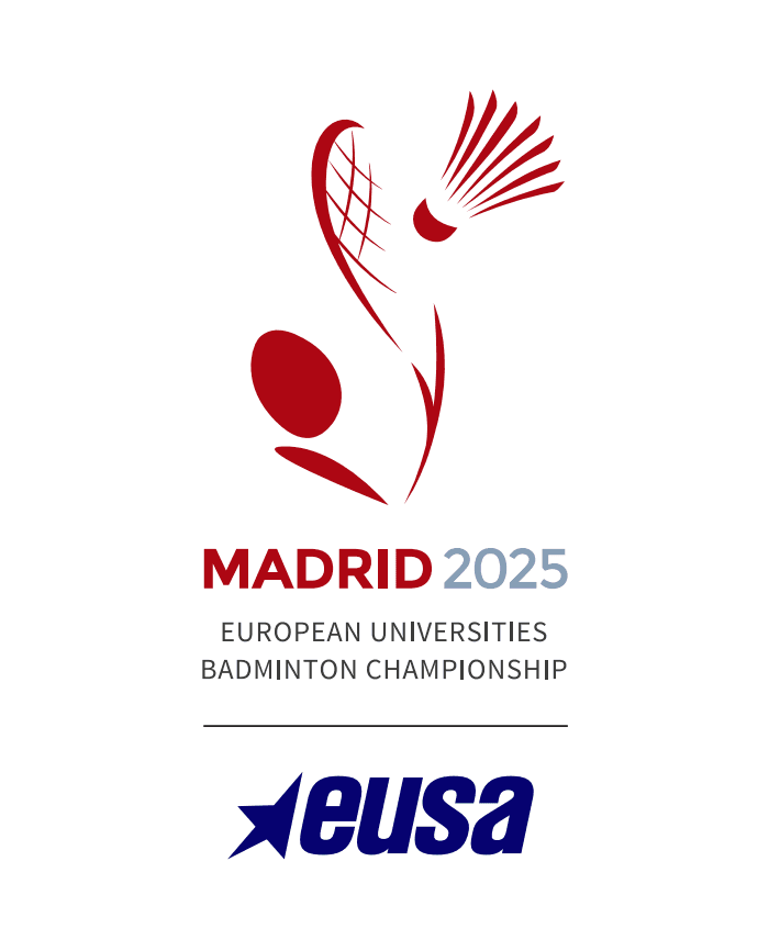 Logo for "Madrid 2025 European Universities Badminton Championship" med badmintonmotiv og EUSA-logo.