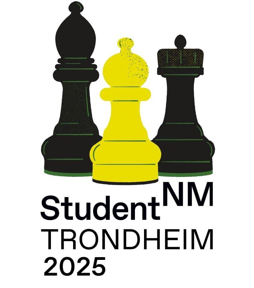 Logo for Student-NM i sjakk i Trondheim 2025 med tre sjakkbrikker og teksten StudentNM Trondheim 2025.