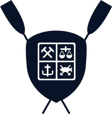 Logo for et roklubbvåpen med to årer, formet som et rødt skjold med anker, ror og roårer.