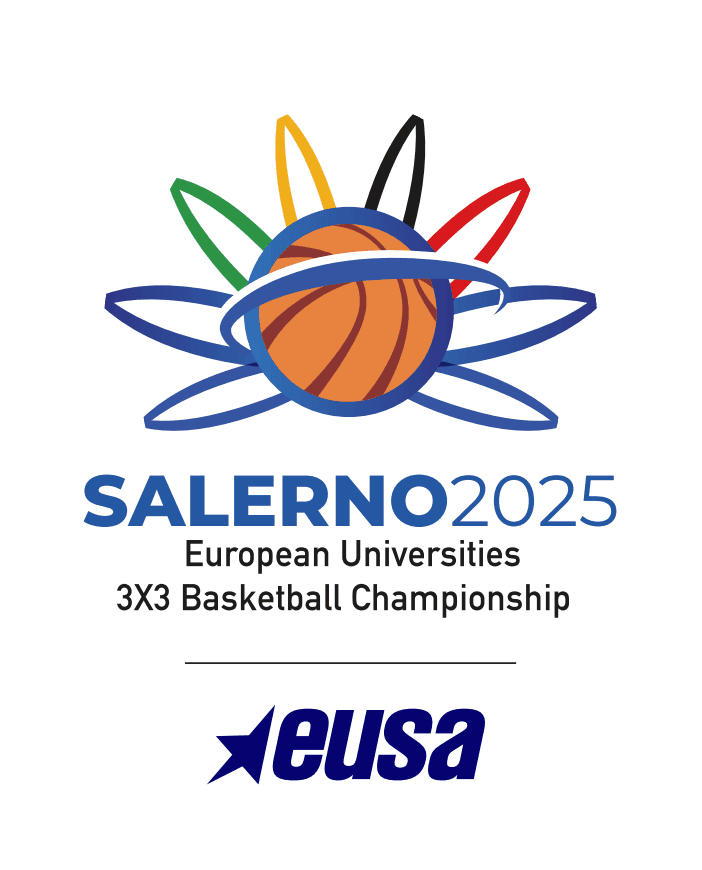 Logo for European Universities 3X3 Basketball Championship Salerno 2025 med EUSA-logo.