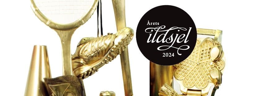 Grafikk med gullfargede pokaler og en mørk sirkel med teksten Årets ildsjel 2024.